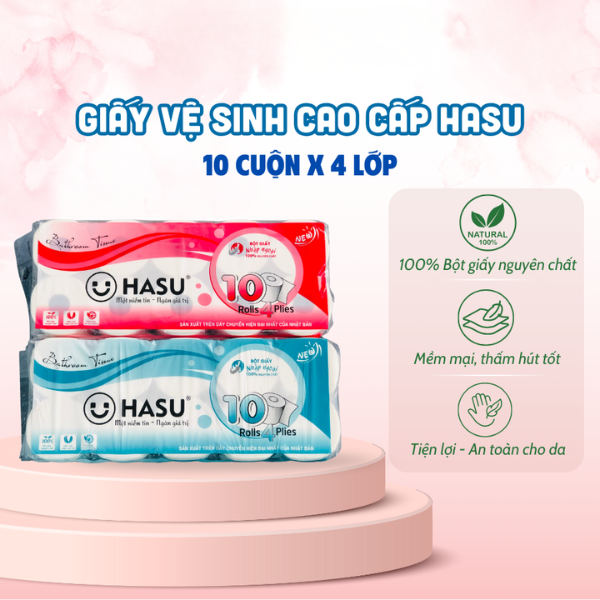 Giấy vệ sinh Hasu không lõi – Gói 10 cuộn - Giấy dai, mềm, an toàn