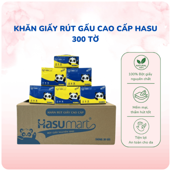 Khăn giấy rút Gấu Hasu cao cấp – Gói 300 tờ mềm mịn an toàn